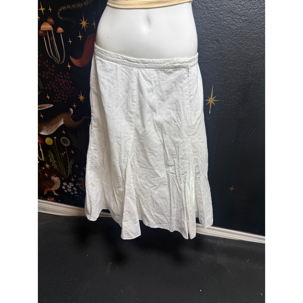Coldwater Creek White Cotton Embroidered Paisley Midi Skirt L Boho Cottagecore